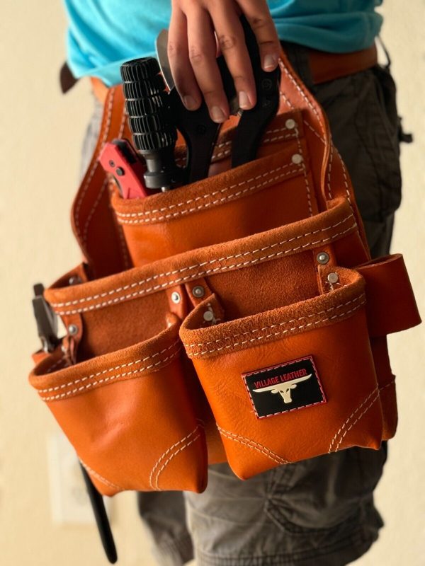 Oil Tanned Leather Pouch With Extra Big Pockets For Nails And Tools
