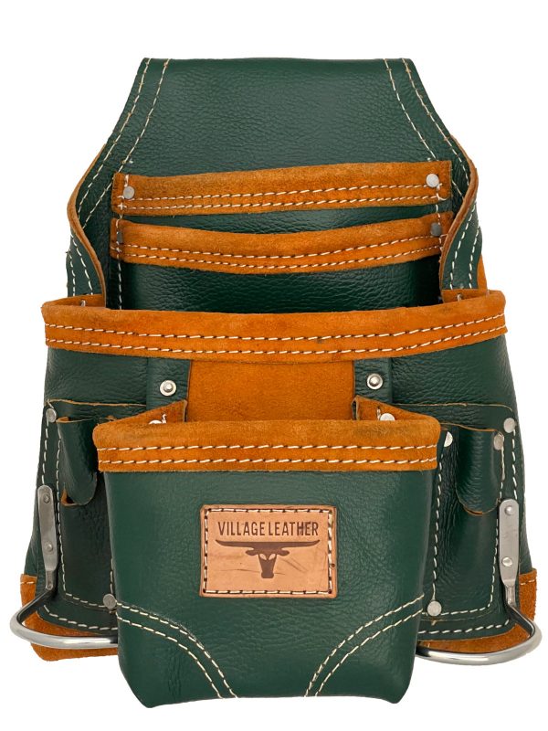 VILLAGE LEATHER 10 Pocket Top Grain Leather Carpenter Tool Pouch Bag with Belt