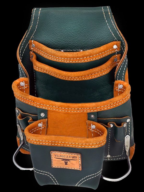VILLAGE LEATHER 10 Pocket Top Grain Leather Carpenter Tool Pouch Bag with Belt