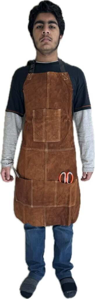 Leather Gold Apron Welding Apron Heat Flame Resistant Work Apron 6Pocket